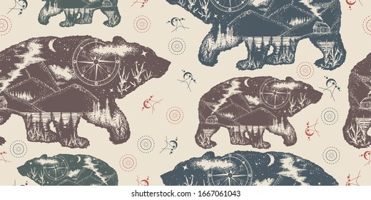 Bear double exposure. Seamless pattern. Packing old paper, scrapbooking style. Vintage background. Medieval manuscript, engraving art. Tourism symbol, adventure, great outdoor. Grizzly silhouette 