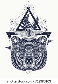 Bear and dragonfly sacred geometry tattoo and t-shirt design. Symbol of force, wild nature, outdoors 