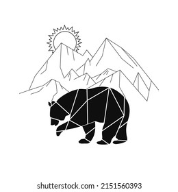 Bear. Drawing of a bear in the mountains with geometric shapes. Print for clothes, interior. Vector illustration.	
