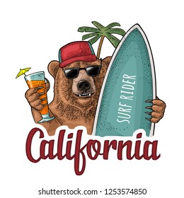 Bear dressed in a baseball cap, sunglasses holding surfboard and cocktail with umbrella. California surf rider handwriting lettering. Vintage color engraving illustration on white for t-shirt, poster