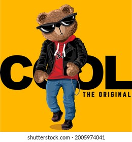 The bear, dressed in a black leather jacket and red sweatshirt, poses in front of the slogan that says cool. This bear is so cool with black sunglasses and a chain accessory