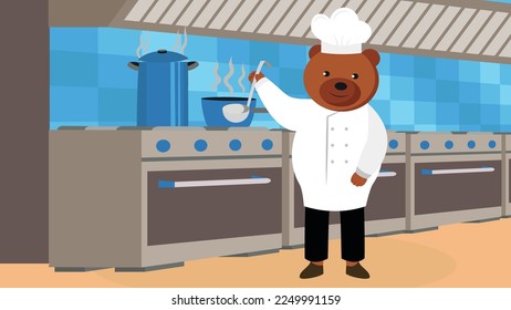A bear dressed as a chef holds a ladle by the stove