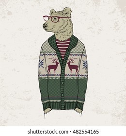 bear dressed up in jacquard pullover, anthropomorphic illustration, fashion animals