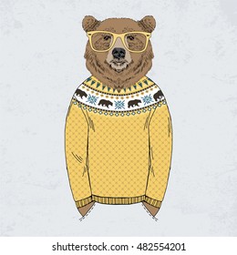 bear dressed up in jacquard pullover, anthropomorphic illustration, fashion animals