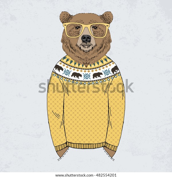 熊打扮的提花套衫 擬人化的插圖 時尚動物庫存向量圖 免版稅