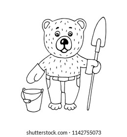 Bear dressed in pants and mittens with shovel in its hand and bucket. Forest firefighter. Vector illustration.