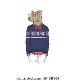 bear dressed up in winter jacquard sweater , furry art illustration, fashion animals
