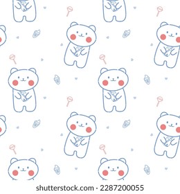Bear drink bubble tea. Cartoon so cute. On heart ice cream lollipop and white background . Pattern seamless vector illustration.
