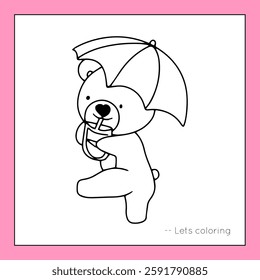 Bear with drink on the rain season, outline bear. coloring book education
