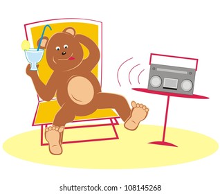 bear with drink and radio, funny vector illustration