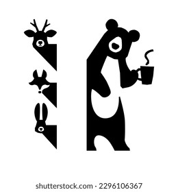 bear drinking coffee, deer and fox and rabbit, black silhouette vector icon illustration