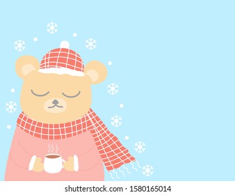 A bear is drinking coffee in the winter.Card for greeting on Christmas and New Year.