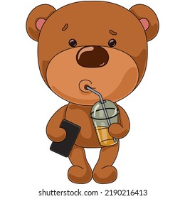 Bear Is Drinking Juice And Holding A Phone