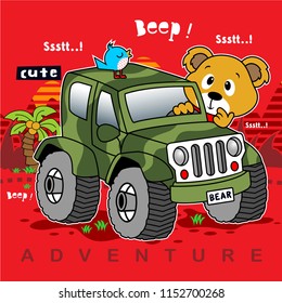 bear drive along the beach,vector animal illustration