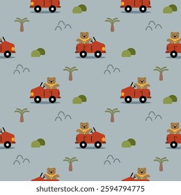 Bear drive car cartoon so cute. On tree mountain background. Pattern seamless vector illustration. 