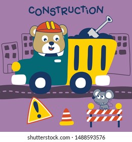 bear the driver,dump truck on the road funny animal cartoon,vector illustration