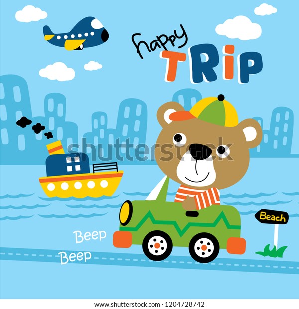 bear driving a car,funny animal\
cartoon,vector\
illustration