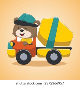 bear driving a mixer truck,funny animal cartoon,vector illustration, Vector illustration. T-Shirt Design for children. Design elements for kids.