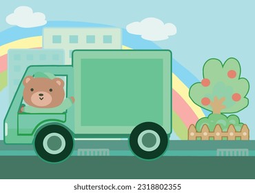 The Bear driving truck to deliverly service cartoon style.