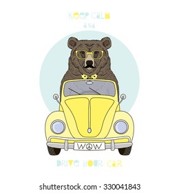 Bear Driving Yellow Retro Car, Kid Illustration, Textile Design