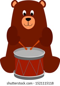Bear with drums, illustration, vector on white background.