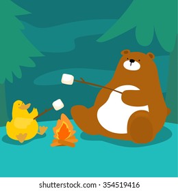 bear and duck grill marshmallow at campfire vector illustration