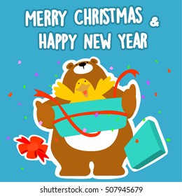 Bear and duck merry christmas and happy new year vector illustration