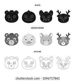 Bear, duck, mouse, deer. Animal muzzle set collection icons in black,monochrome,outline style vector symbol stock illustration web.
