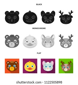 Bear, duck, mouse, deer. Animal muzzle set collection icons in black, flat, monochrome style vector symbol stock illustration web.