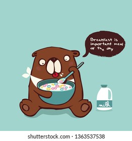 Bear eat breakfast  character cartoon  Vector flat style  illustration