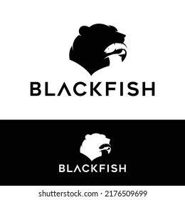 bear eat fish logo mascot vector illustration