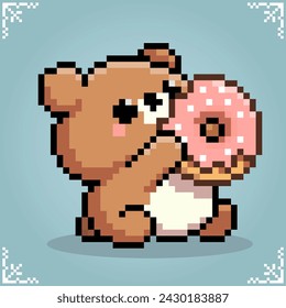 Bear eating donut while sitting in 8 bit pixel art. Pixel animals for game assets in vector illustration.