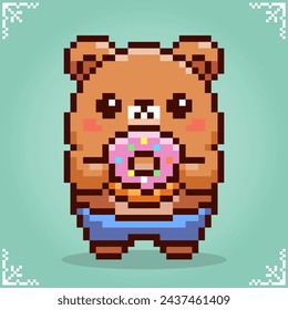 Oso comiendo donut mientras está de pie en el arte de píxeles de 8 bits. Animales de píxeles para activos de juego en ilustración vectorial.