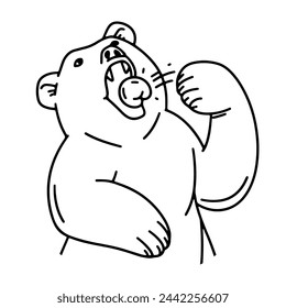 Bear eating dumpling. Young Bear sits in restaurant or cafe and holds fork. Doodle character for horeca business. Simple doodle outline style. For food market, logo, shop. Trendy vector illustration.