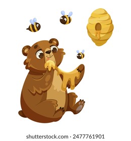 Un oso comiendo miel rodeado de abejas y un panal de abejas. Estilo de dibujos animados sobre un fondo blanco. Concepto de naturaleza y fauna. Ilustración vectorial