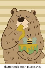 A bear eating honey vector cartoon illustration. A cute fat bear cartoon. A teddy on stripe background.