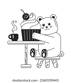 Bear eating ice cream black and white cute chill lo fi wallpaper. Animal cuddling cupcake linear 2D vector cartoon character illustration, monochrome lofi anime background. Bw 90s kawaii aesthetic