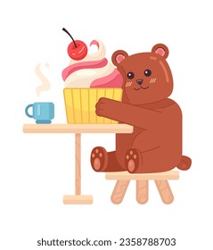 Bären essen Eis süße Chilischoten o Fa Tapete. Tier sitzt auf dem Stuhl. Cub cuddling cupcake 2D Vektorgrafik Charaktergrafik, lofi-anime Hintergrund. Kawaii-Ästhetik, Träumerei der 90er