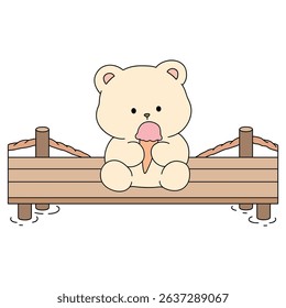 Bear Eating Ice Cream Illustration Vector. Summer Coloring Page with a Cute of Bear Sitting on a Dock Eating Ice Cream. Cozy Coloring Page.