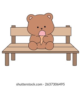 Bear Eating Ice Cream Illustration Vector. Summer Coloring Page with a Cute of Bear Sitting on a Bench Eating Ice Cream. Cute Cozy Coloring Page.