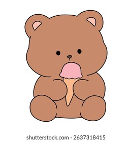 Bear Eating Ice Cream Illustration Vector. Summer Coloring Page with a Cute of Bear Eating Ice Cream. Cute Cozy Coloring Page. 