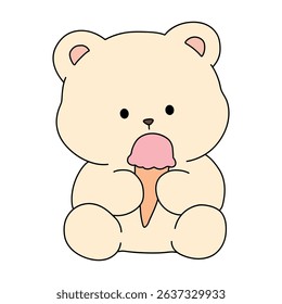 Bear Eating Ice Cream Illustration Vector. Summer Coloring Page with a Cute of Bear Eating Ice Cream. Cute Cozy Coloring Page.