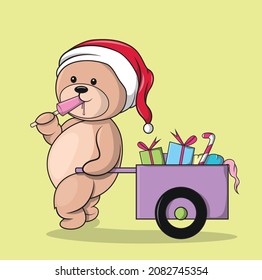 a bear eating ice cream while distributing gifts on christmas