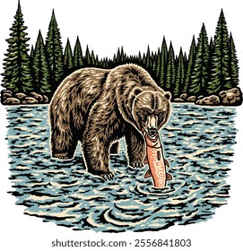 Bear eating a salmon vintage illustration