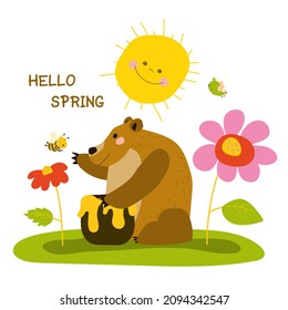 The bear eats honey. The brown bear sits in the clearing. A bird and a bee are flying near the flowers.   Vector illustration on white background in cartoon style. Hand drawing. Isolate. For print