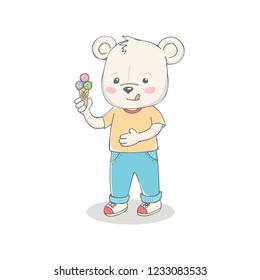 Сute bear eats ice cream isolated on white background. Vector illustration for t-shirt, clothes, textile, placards, posters, stickers, mugs, covers, patterns, phone cases and other use