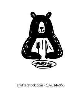 The bear eats from the plate. Logo for the cafe.