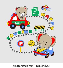 bear and elephant ride the car, cartoon vector illustration