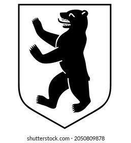 Bear emblem, bear coat of arms, shield, heraldic symbol, wild animal living in forest, wildlife, beast, predator, carnivore, mammal, vector, illustration, in black and white color, isolated on white