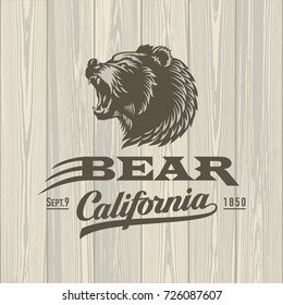 Bear, emblem, logo, California, on wooden background, illustration vector